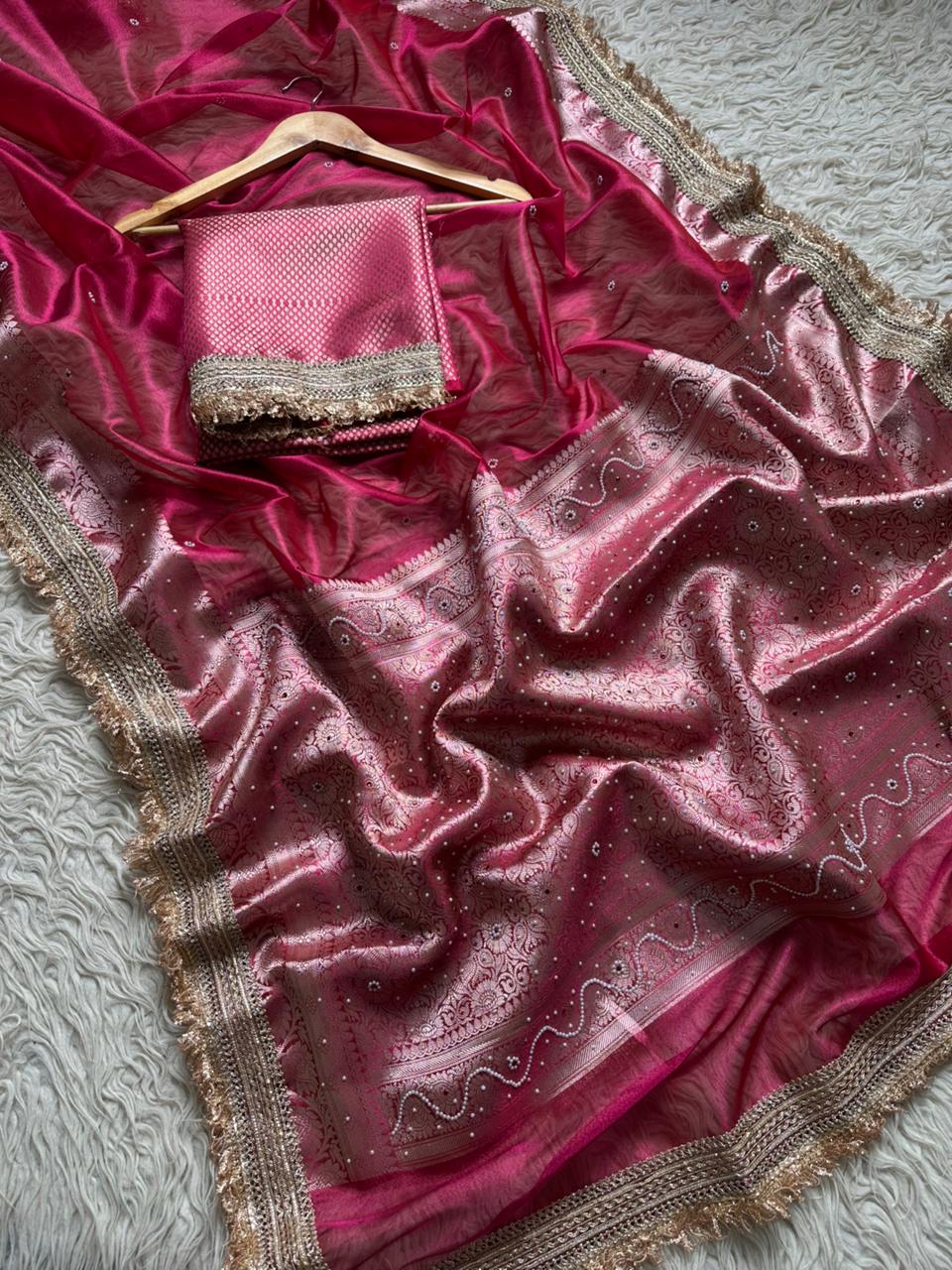 Designer Banarasi Tissue Saree with Pearl Work on all over Body with Intricate Border and Pallu Design Along with Gotta Patti Lace Work