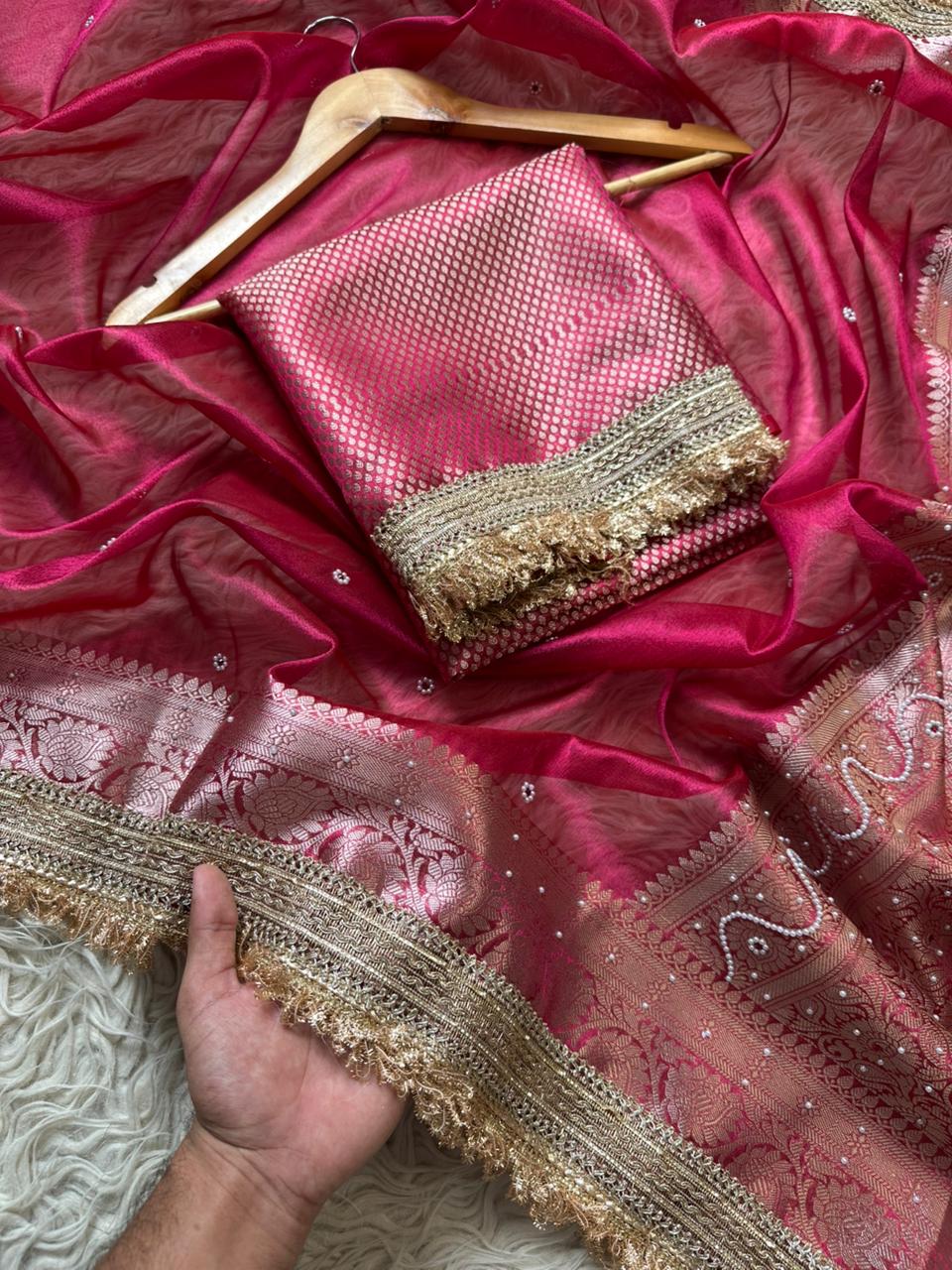 Designer Banarasi Tissue Saree with Pearl Work on all over Body with Intricate Border and Pallu Design Along with Gotta Patti Lace Work