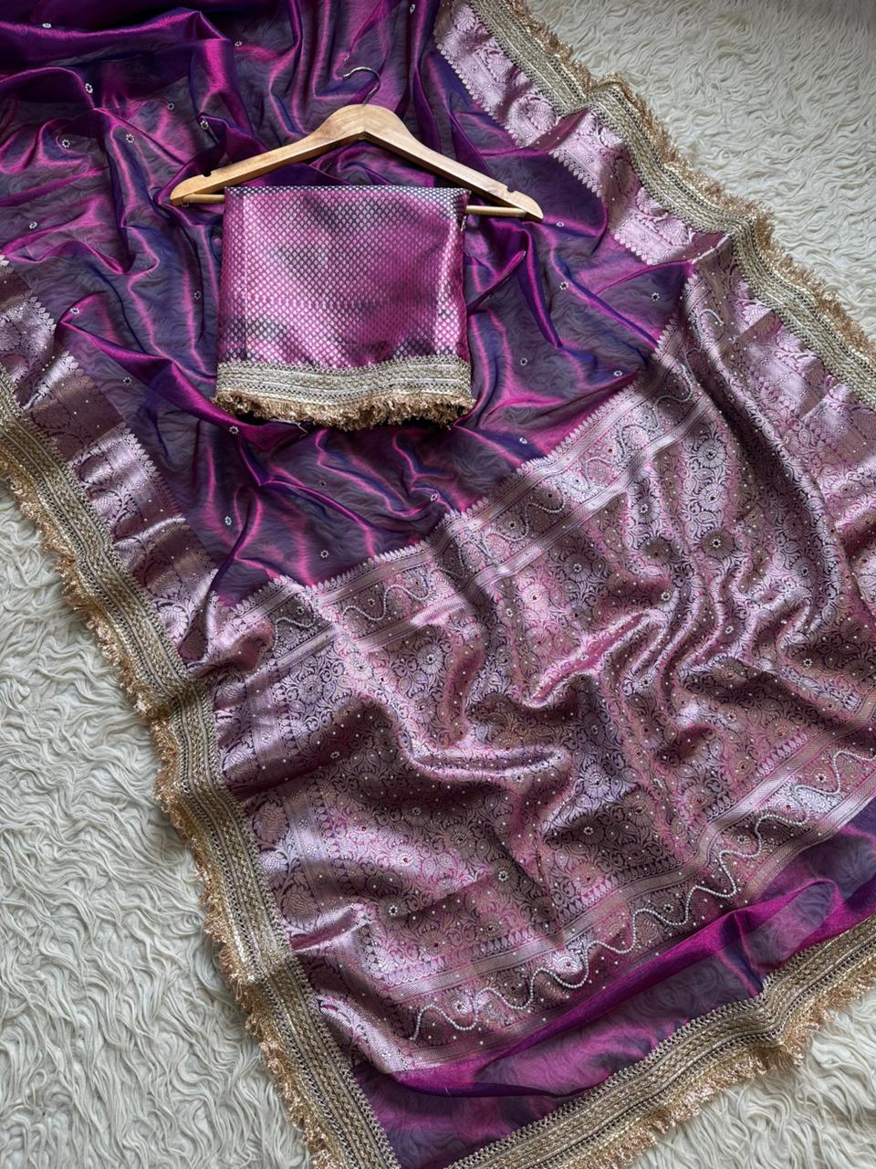 Designer Banarasi Tissue Saree with Pearl Work on all over Body with Intricate Border and Pallu Design Along with Gotta Patti Lace Work