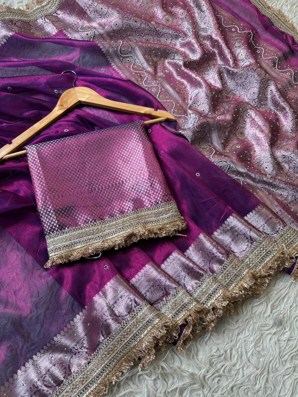 Designer Banarasi Tissue Saree with Pearl Work on all over Body with Intricate Border and Pallu Design Along with Gotta Patti Lace Work