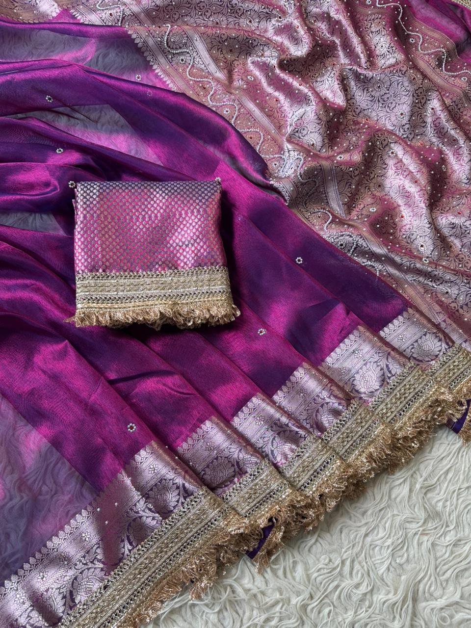 Designer Banarasi Tissue Saree with Pearl Work on all over Body with Intricate Border and Pallu Design Along with Gotta Patti Lace Work