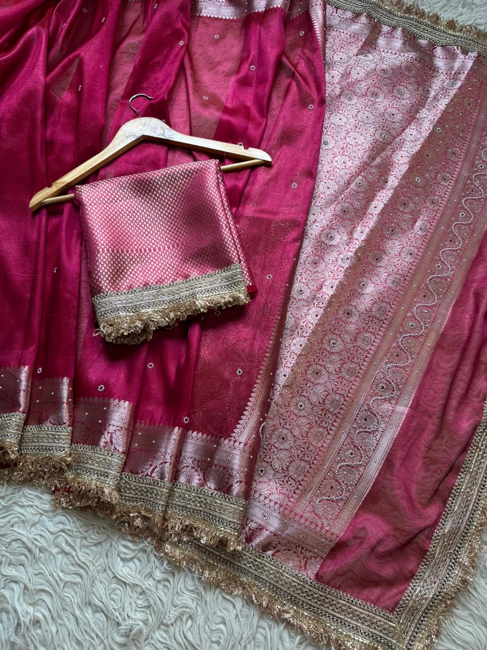Designer Banarasi Tissue Saree with Pearl Work on all over Body with Intricate Border and Pallu Design Along with Gotta Patti Lace Work