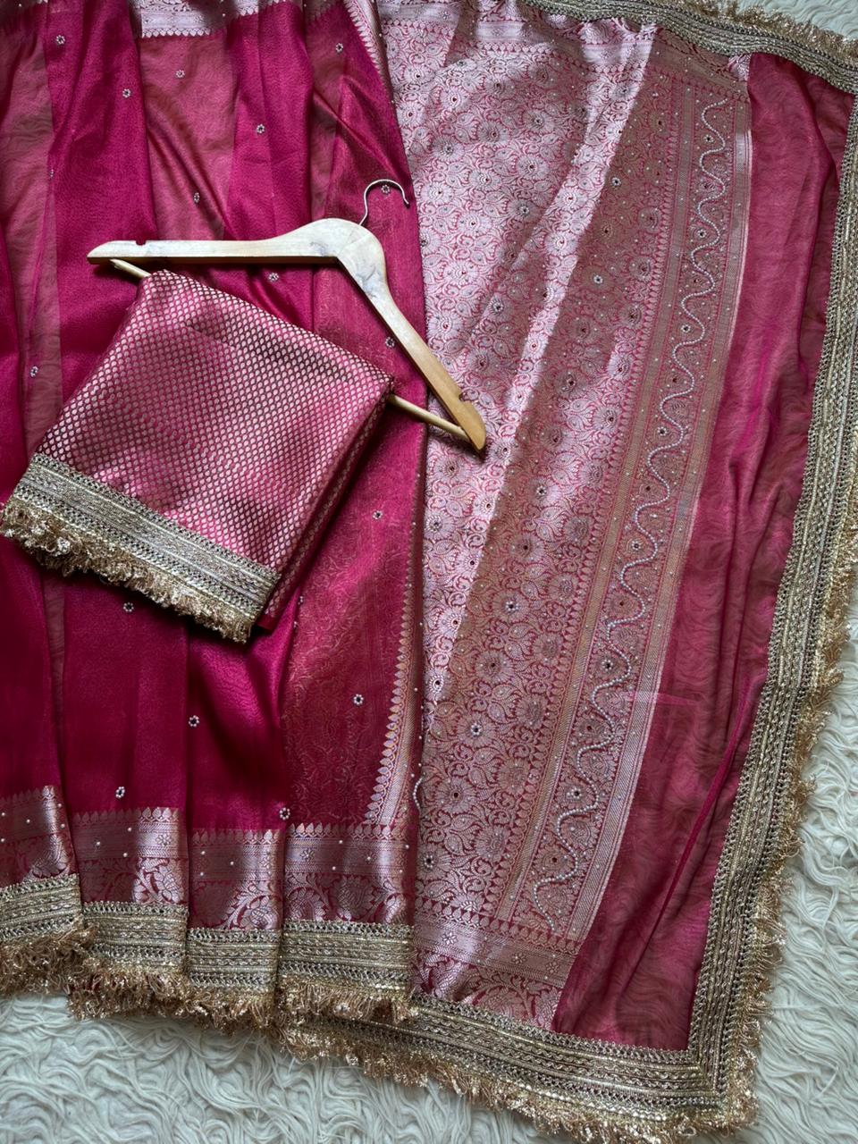 Designer Banarasi Tissue Saree with Pearl Work on all over Body with Intricate Border and Pallu Design Along with Gotta Patti Lace Work