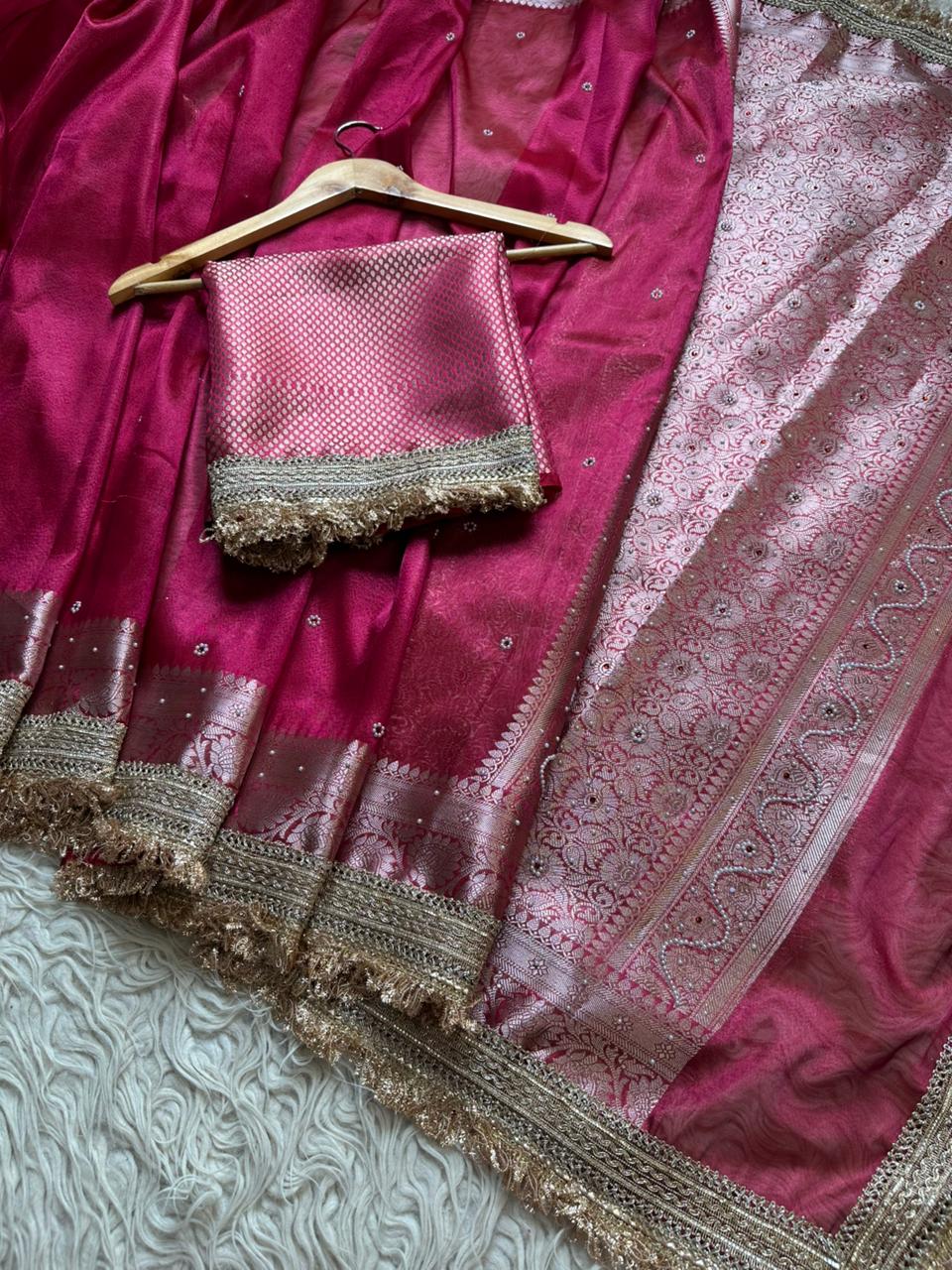 Designer Banarasi Tissue Saree with Pearl Work on all over Body with Intricate Border and Pallu Design Along with Gotta Patti Lace Work
