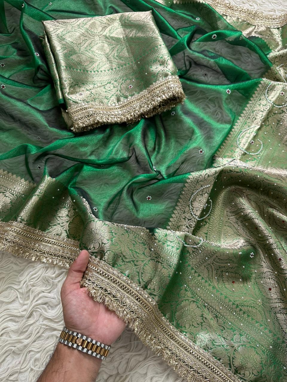 Designer Banarasi Tissue Saree with Pearl Work on all over Body with Intricate Border and Pallu Design Along with Gotta Patti Lace Work