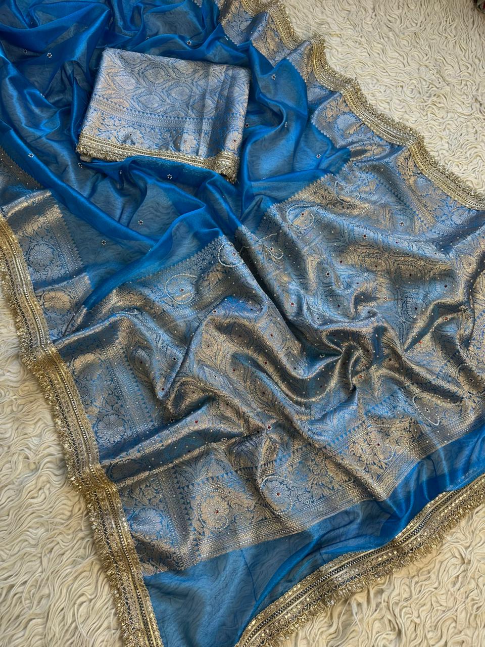 Designer Banarasi Tissue Saree with Pearl Work on all over Body with Intricate Border and Pallu Design Along with Gotta Patti Lace Work