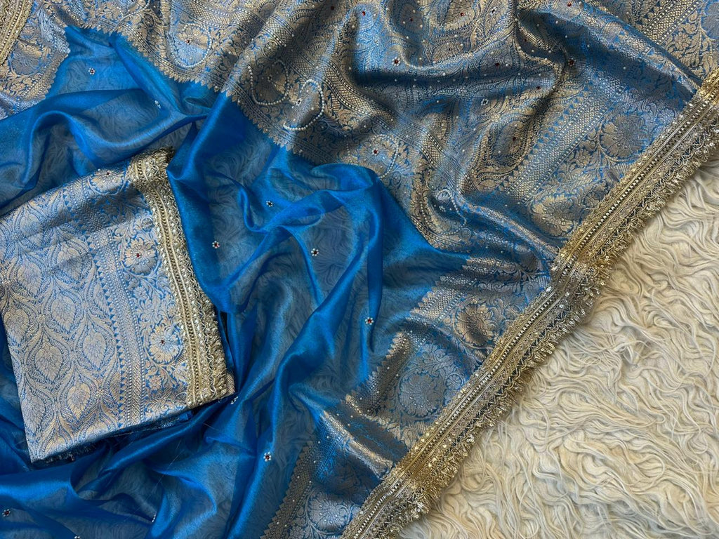 Designer Banarasi Tissue Saree with Pearl Work on all over Body with Intricate Border and Pallu Design Along with Gotta Patti Lace Work