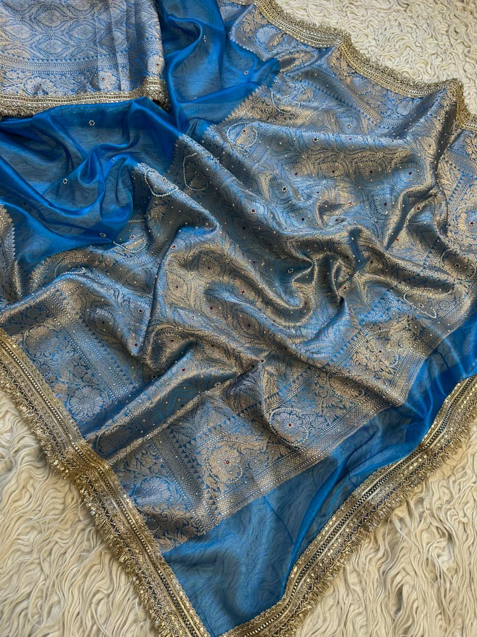 Designer Banarasi Tissue Saree with Pearl Work on all over Body with Intricate Border and Pallu Design Along with Gotta Patti Lace Work