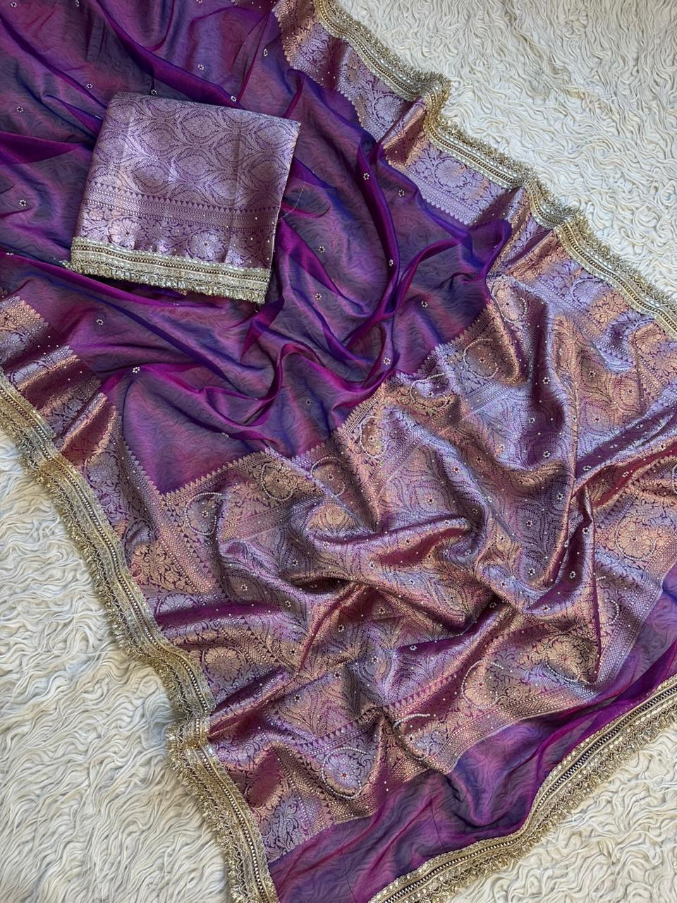 Designer Banarasi Tissue Saree with Pearl Work on all over Body with Intricate Border and Pallu Design Along with Gotta Patti Lace Work