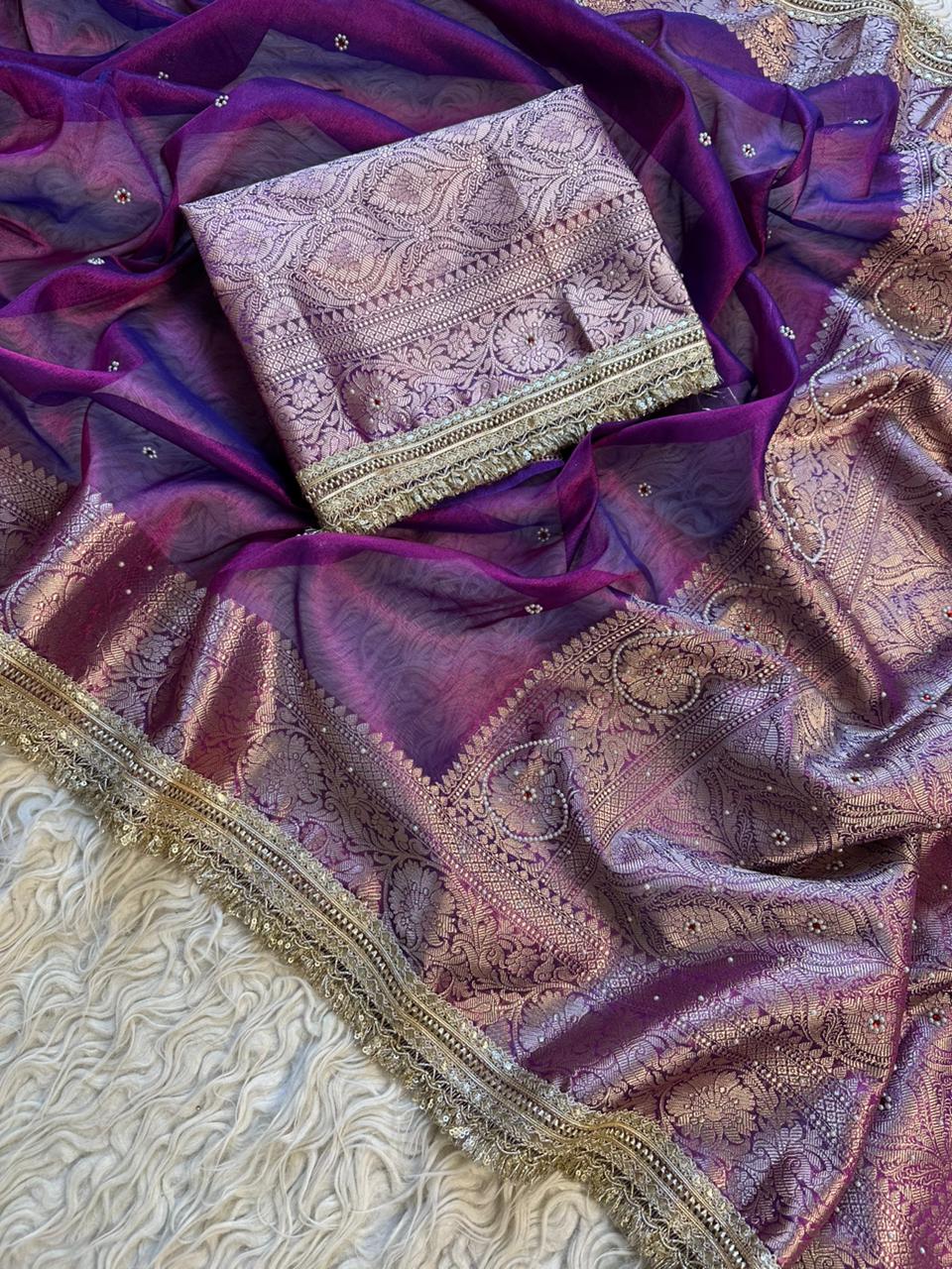 Designer Banarasi Tissue Saree with Pearl Work on all over Body with Intricate Border and Pallu Design Along with Gotta Patti Lace Work