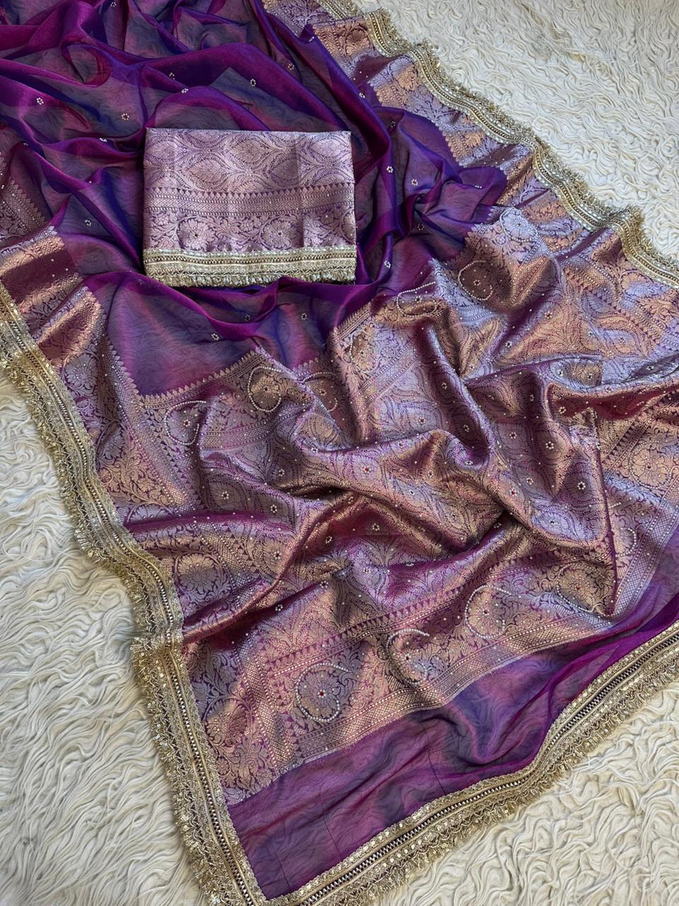 Designer Banarasi Tissue Saree with Pearl Work on all over Body with Intricate Border and Pallu Design Along with Gotta Patti Lace Work