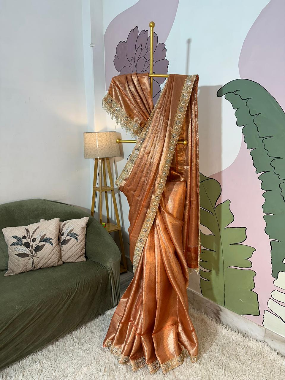 Rust Orange Bridal Kanjeevaram Brocade Tissue Saree with Designer Pearl and Mirror Lace Work Jhalar Lace on Pallu 