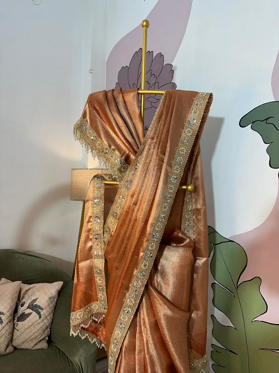 Rust Orange Bridal Kanjeevaram Brocade Tissue Saree with Designer Pearl and Mirror Lace Work Jhalar Lace on Pallu 