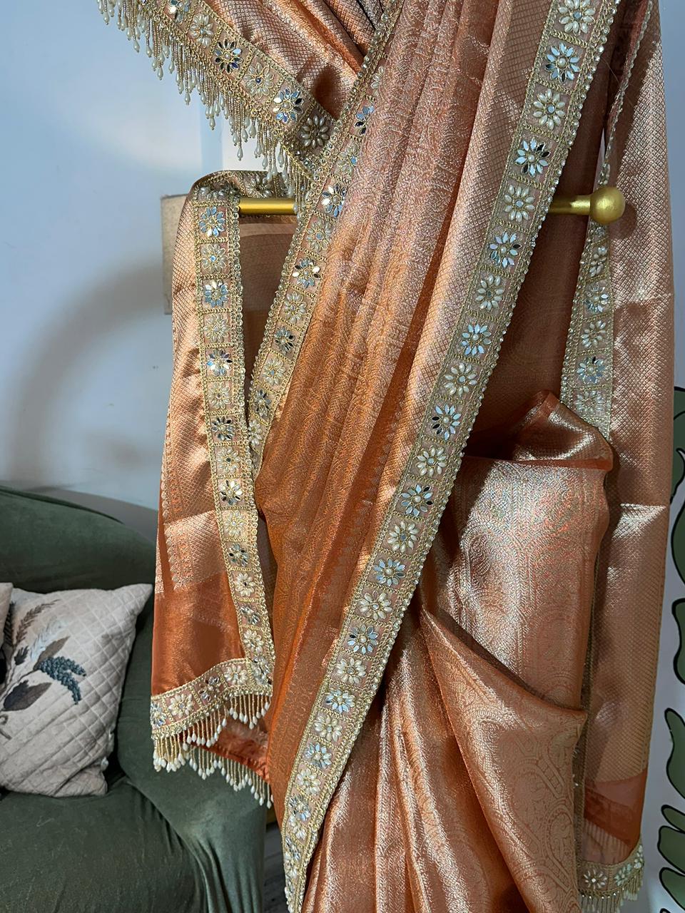 Rust Orange Bridal Kanjeevaram Brocade Tissue Saree with Designer Pearl and Mirror Lace Work Jhalar Lace on Pallu 