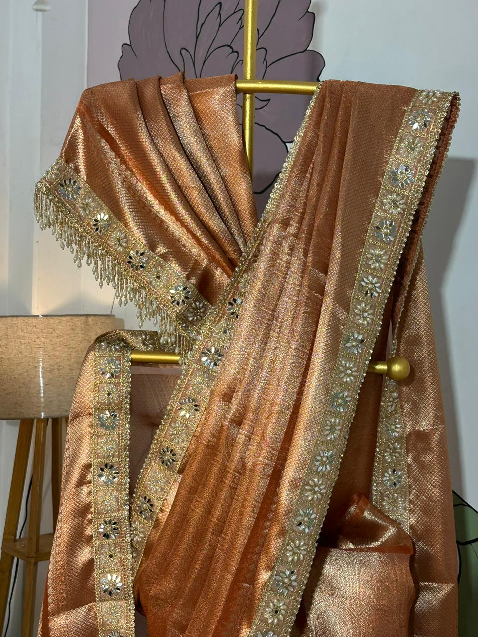 Rust Orange Bridal Kanjeevaram Brocade Tissue Saree with Designer Pearl and Mirror Lace Work Jhalar Lace on Pallu 