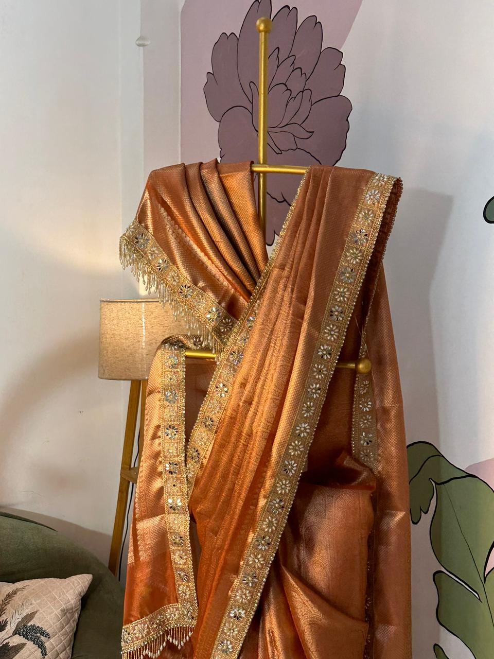 Rust Orange Bridal Kanjeevaram Brocade Tissue Saree with Designer Pearl and Mirror Lace Work Jhalar Lace on Pallu 