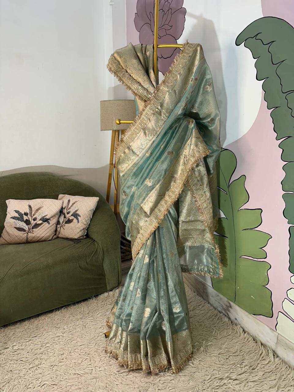 Firozi Bridal Kanjeevaram Brocade Tissue Saree with Designer Pearl and Mirror Lace Work Jhalar Lace on Pallu 