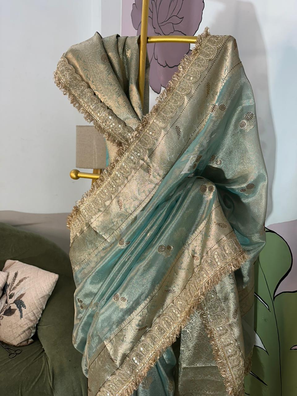 Firozi Bridal Kanjeevaram Brocade Tissue Saree with Designer Pearl and Mirror Lace Work Jhalar Lace on Pallu 