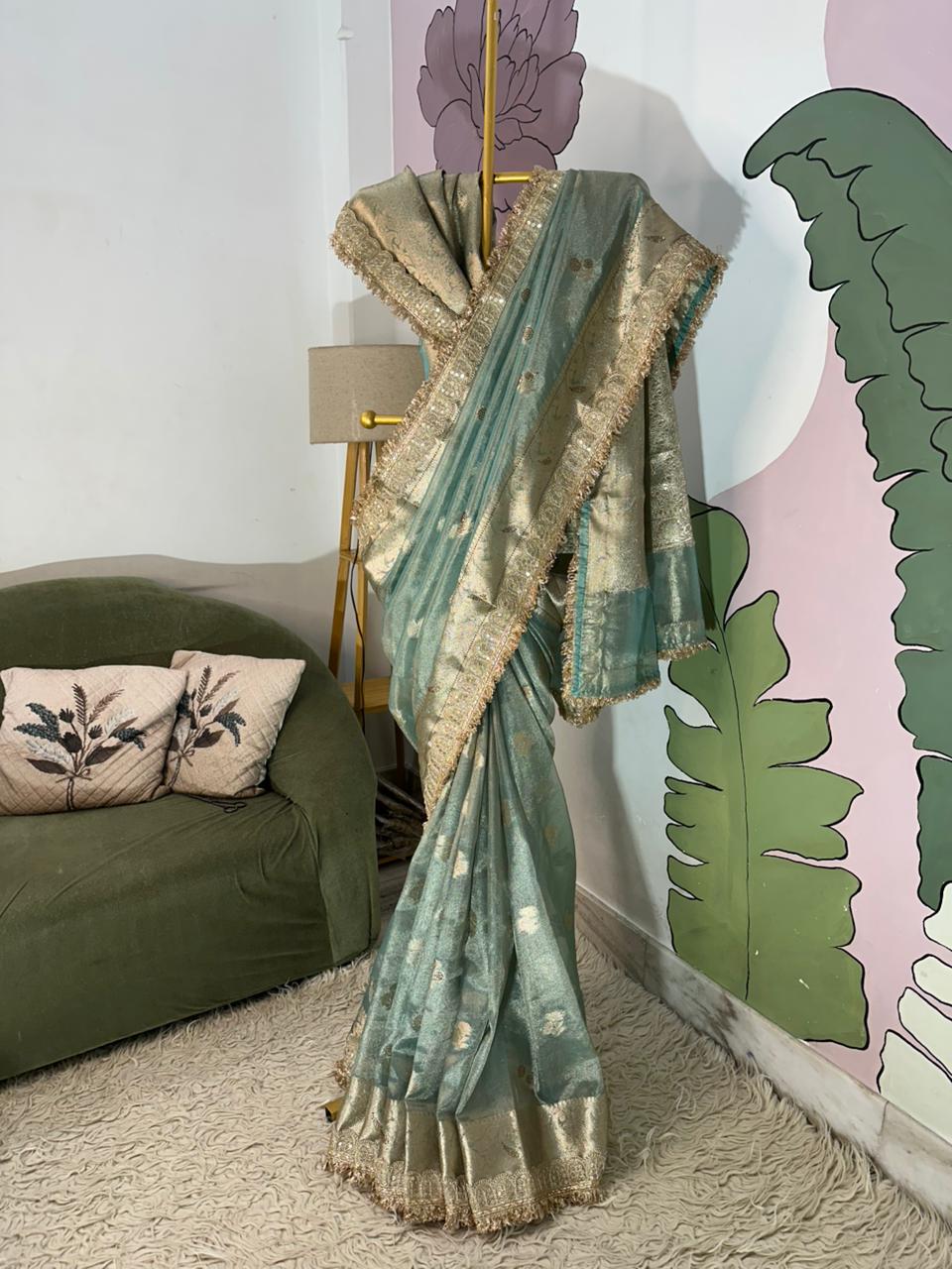 Firozi Bridal Kanjeevaram Brocade Tissue Saree with Designer Pearl and Mirror Lace Work Jhalar Lace on Pallu 