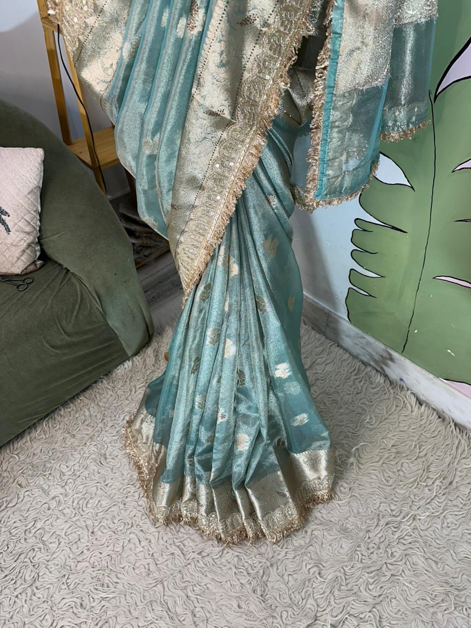 Firozi Bridal Kanjeevaram Brocade Tissue Saree with Designer Pearl and Mirror Lace Work Jhalar Lace on Pallu 