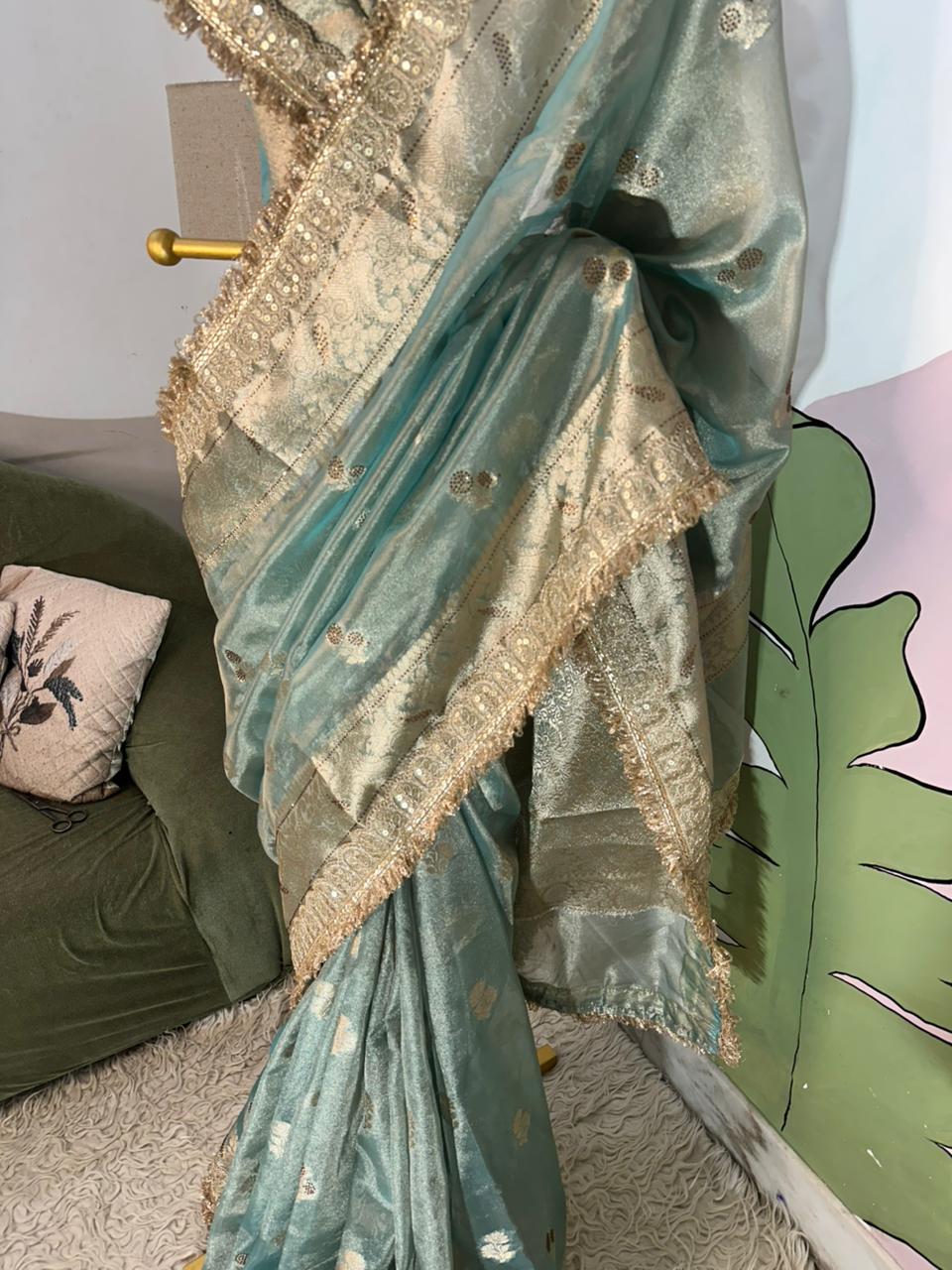 Firozi Bridal Kanjeevaram Brocade Tissue Saree with Designer Pearl and Mirror Lace Work Jhalar Lace on Pallu 