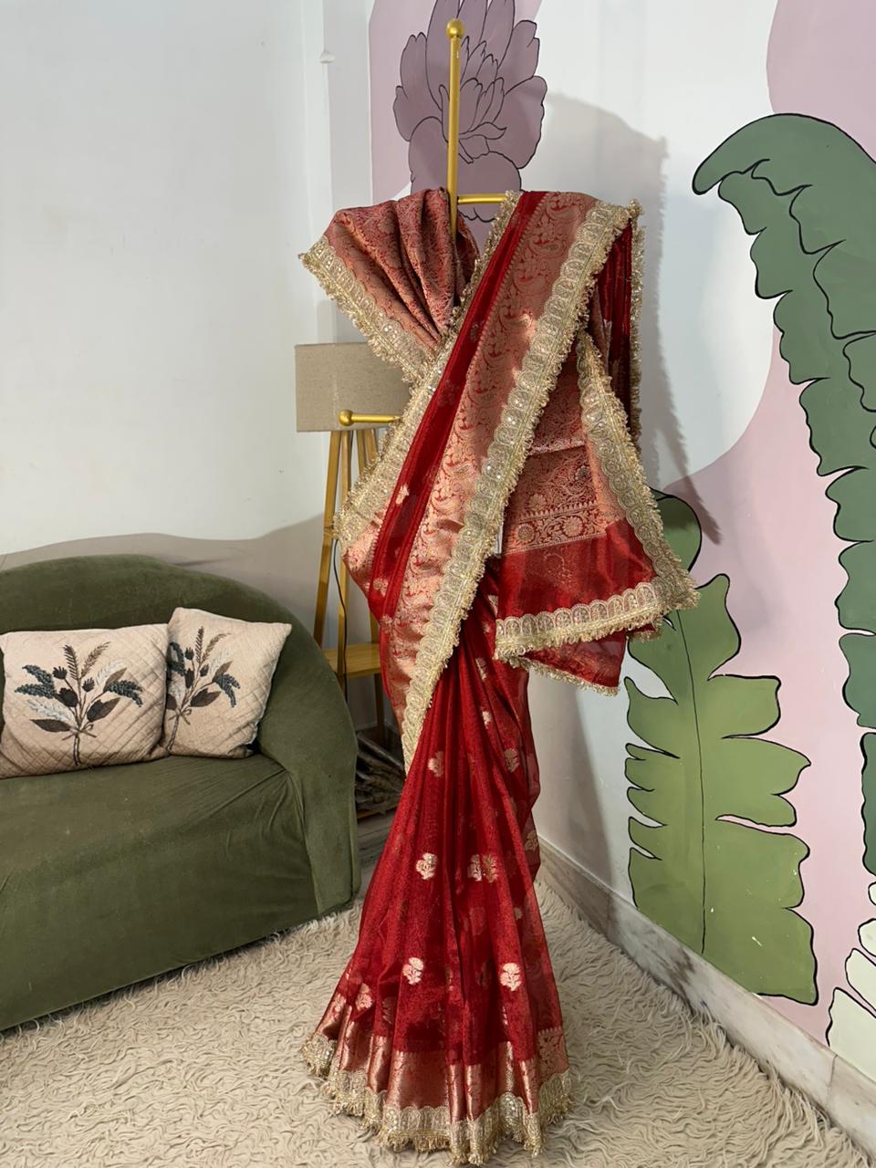 Red Bridal Tissue Saree with Designer Pearl and Mirror Lace Work Jhalar Lace on Pallu