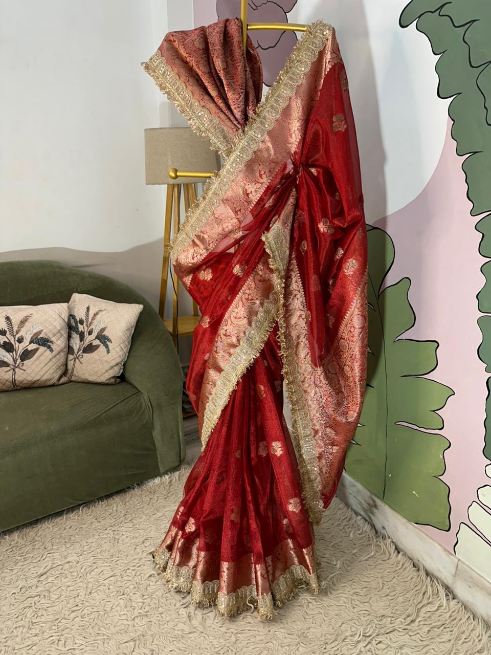 Red Bridal Tissue Saree with Designer Pearl and Mirror Lace Work Jhalar Lace on Pallu