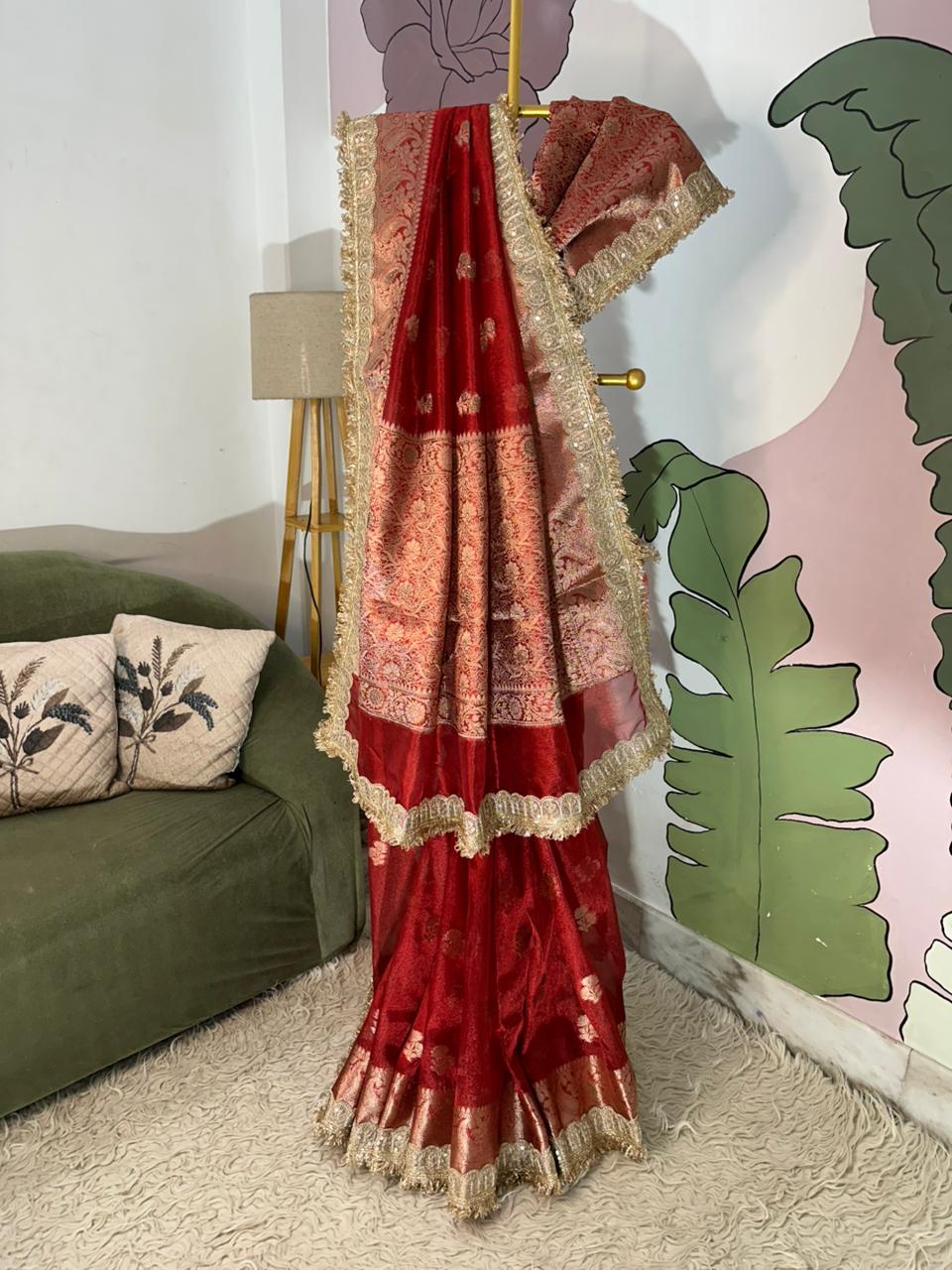 Red Bridal Tissue Saree with Designer Pearl and Mirror Lace Work Jhalar Lace on Pallu