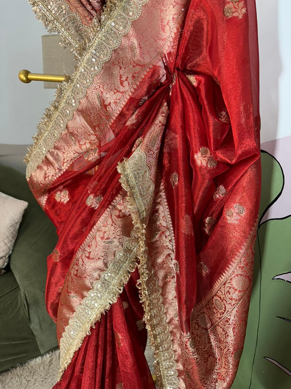 Red Bridal Tissue Saree with Designer Pearl and Mirror Lace Work Jhalar Lace on Pallu
