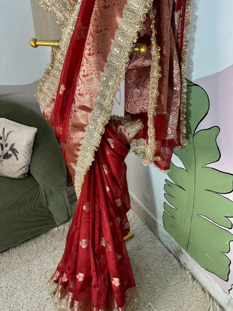 Red Bridal Tissue Saree with Designer Pearl and Mirror Lace Work Jhalar Lace on Pallu