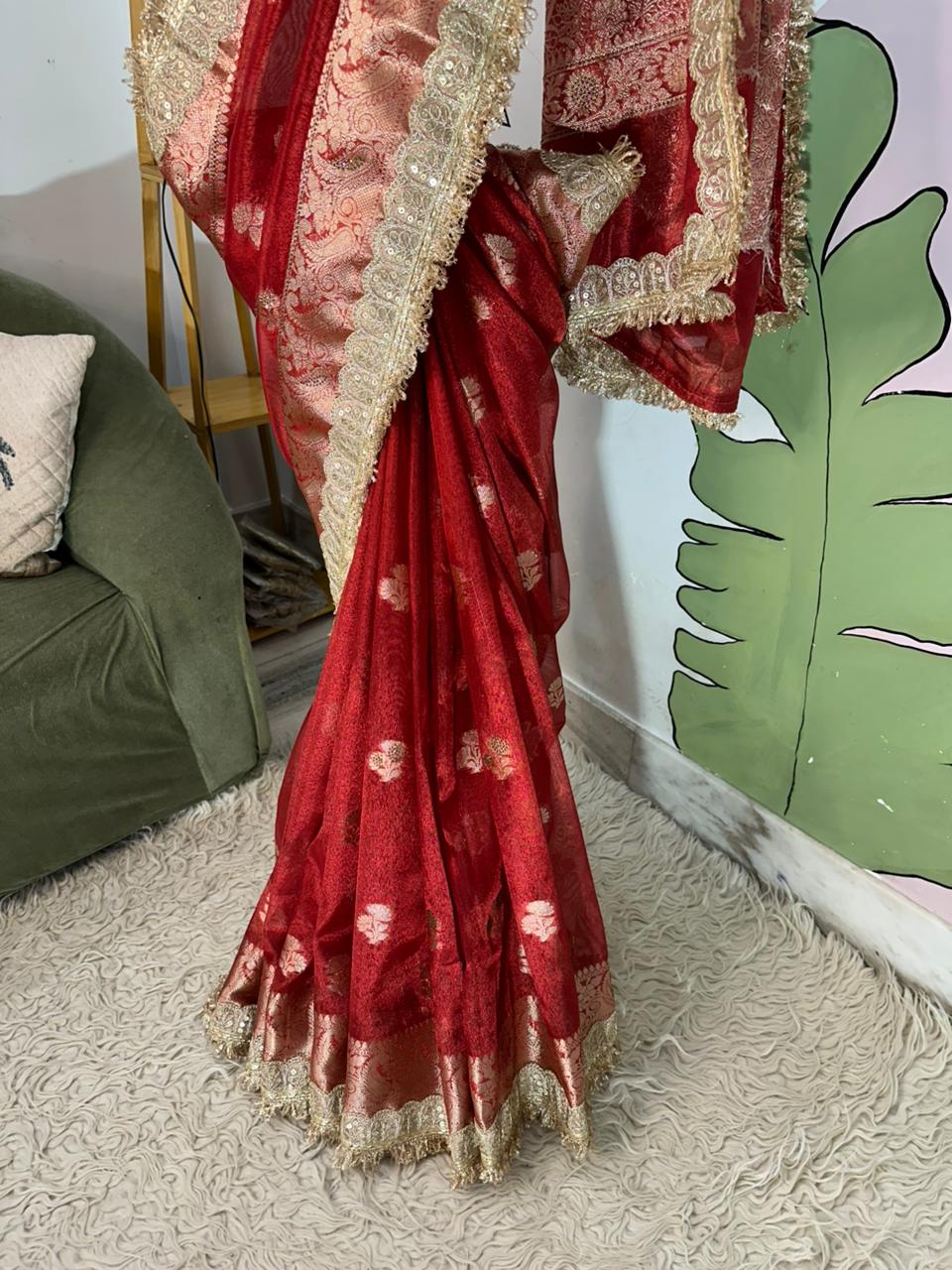 Red Bridal Tissue Saree with Designer Pearl and Mirror Lace Work Jhalar Lace on Pallu