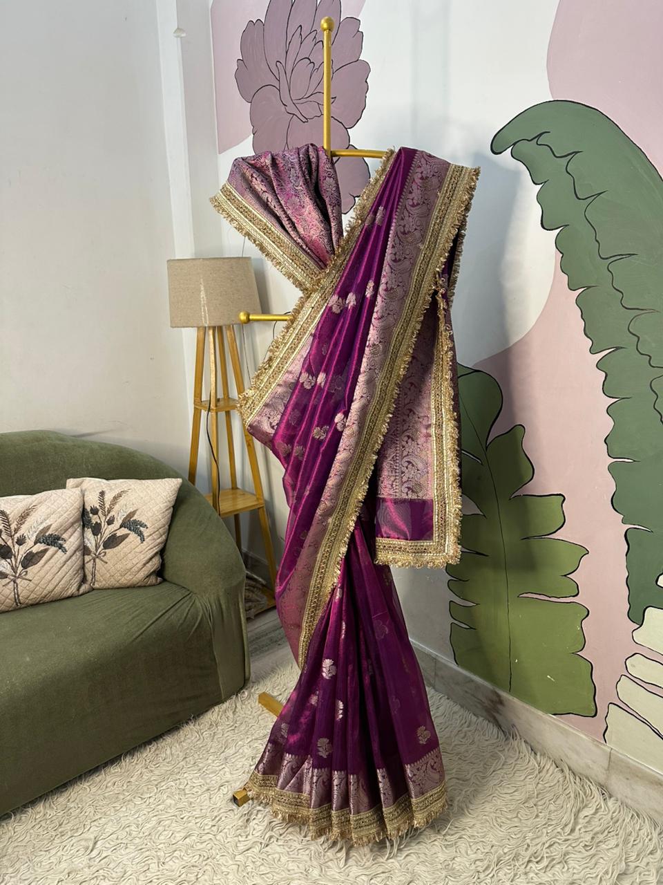 Purple Bridal Tissue Saree with Designer Pearl and Mirror Lace Work Jhalar Lace on Pallu