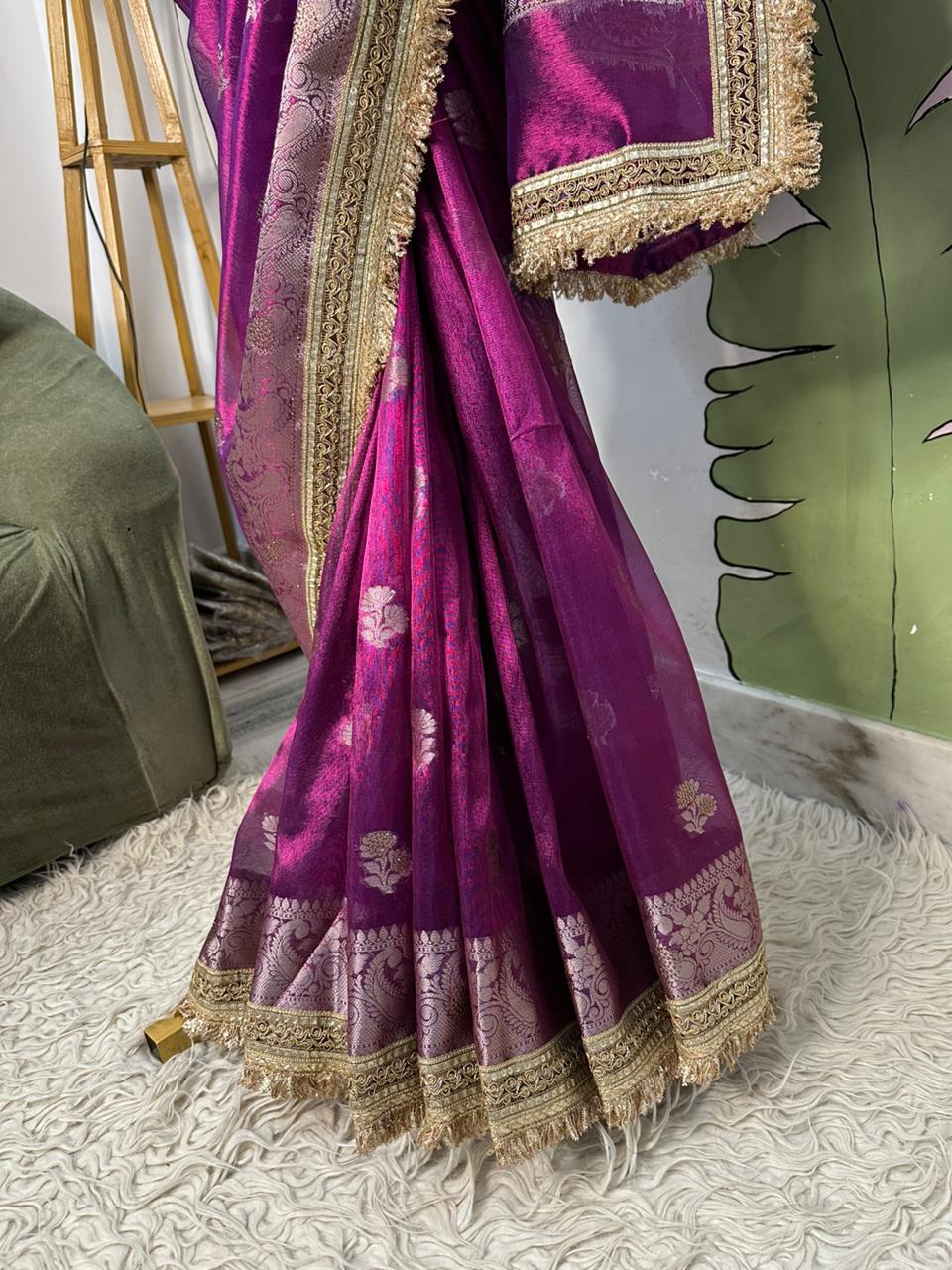 Purple Bridal Tissue Saree with Designer Pearl and Mirror Lace Work Jhalar Lace on Pallu