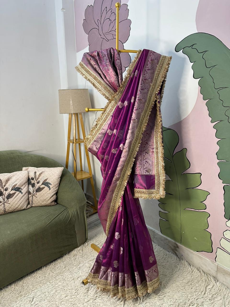 Purple Bridal Tissue Saree with Designer Pearl and Mirror Lace Work Jhalar Lace on Pallu