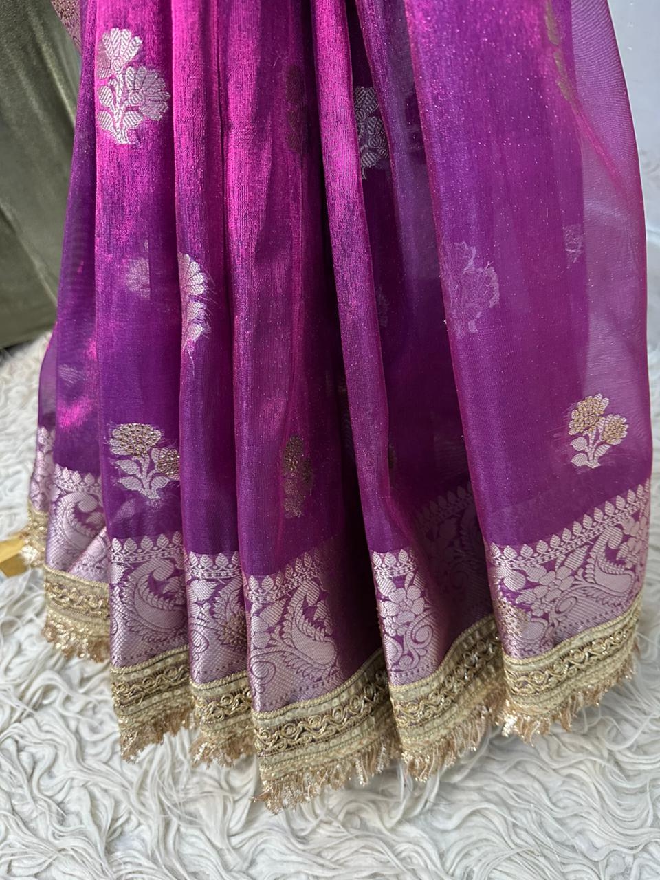 Purple Bridal Tissue Saree with Designer Pearl and Mirror Lace Work Jhalar Lace on Pallu