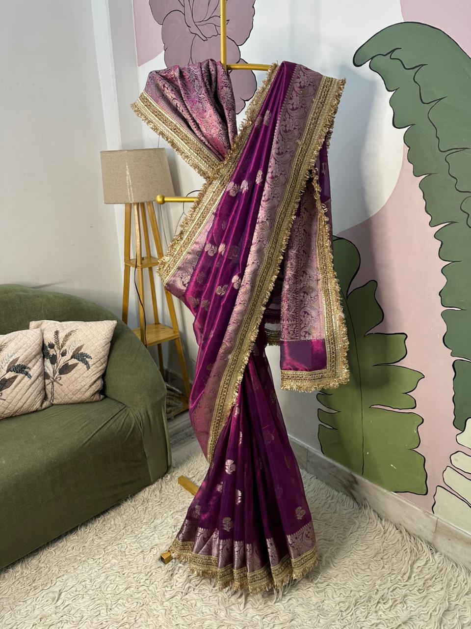 Purple Bridal Tissue Saree with Designer Pearl and Mirror Lace Work Jhalar Lace on Pallu