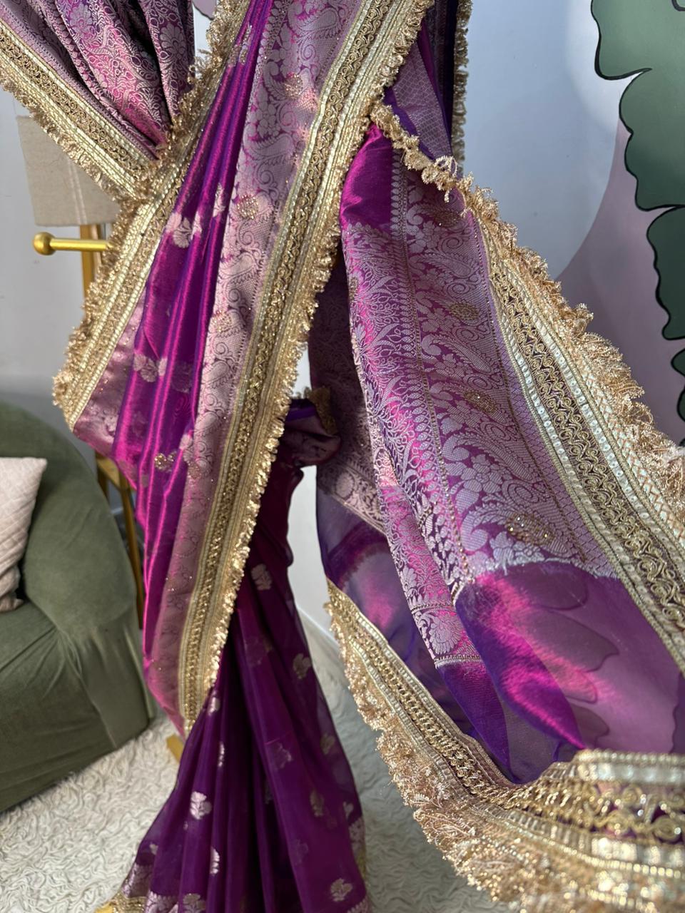 Purple Bridal Tissue Saree with Designer Pearl and Mirror Lace Work Jhalar Lace on Pallu