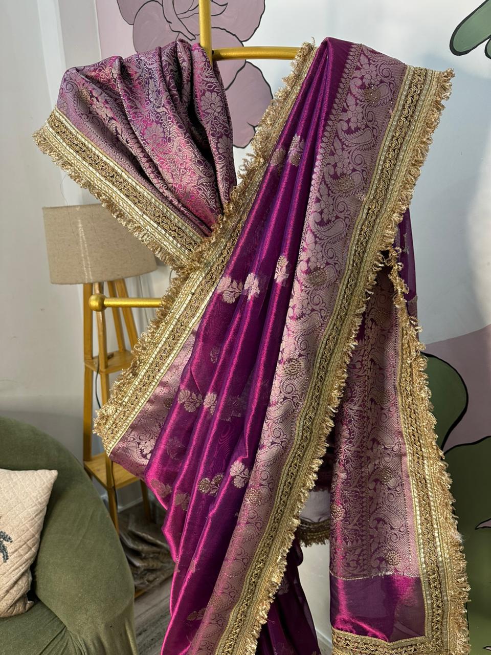 Purple Bridal Tissue Saree with Designer Pearl and Mirror Lace Work Jhalar Lace on Pallu