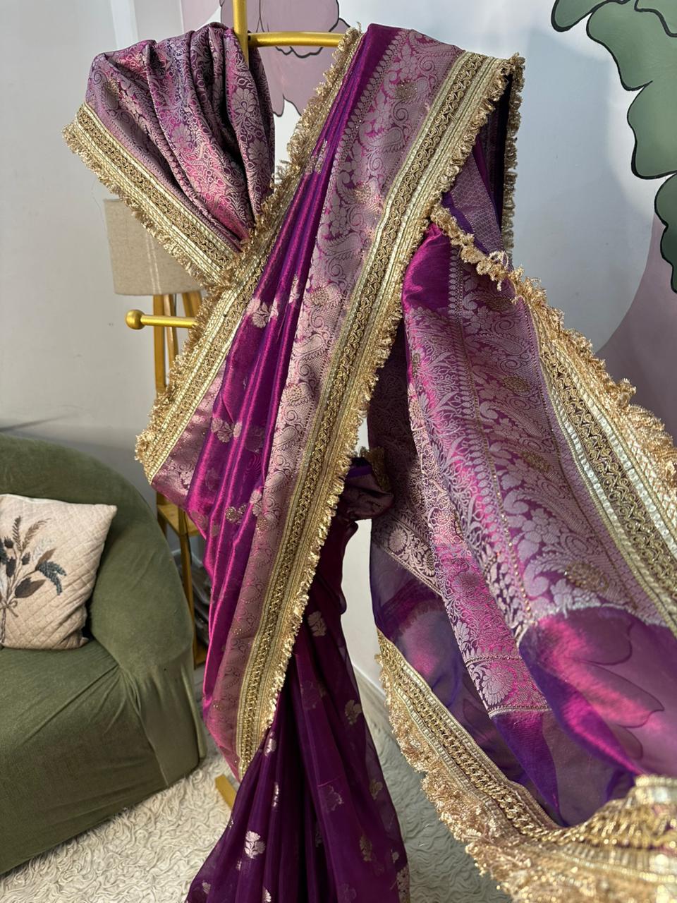Purple Bridal Tissue Saree with Designer Pearl and Mirror Lace Work Jhalar Lace on Pallu