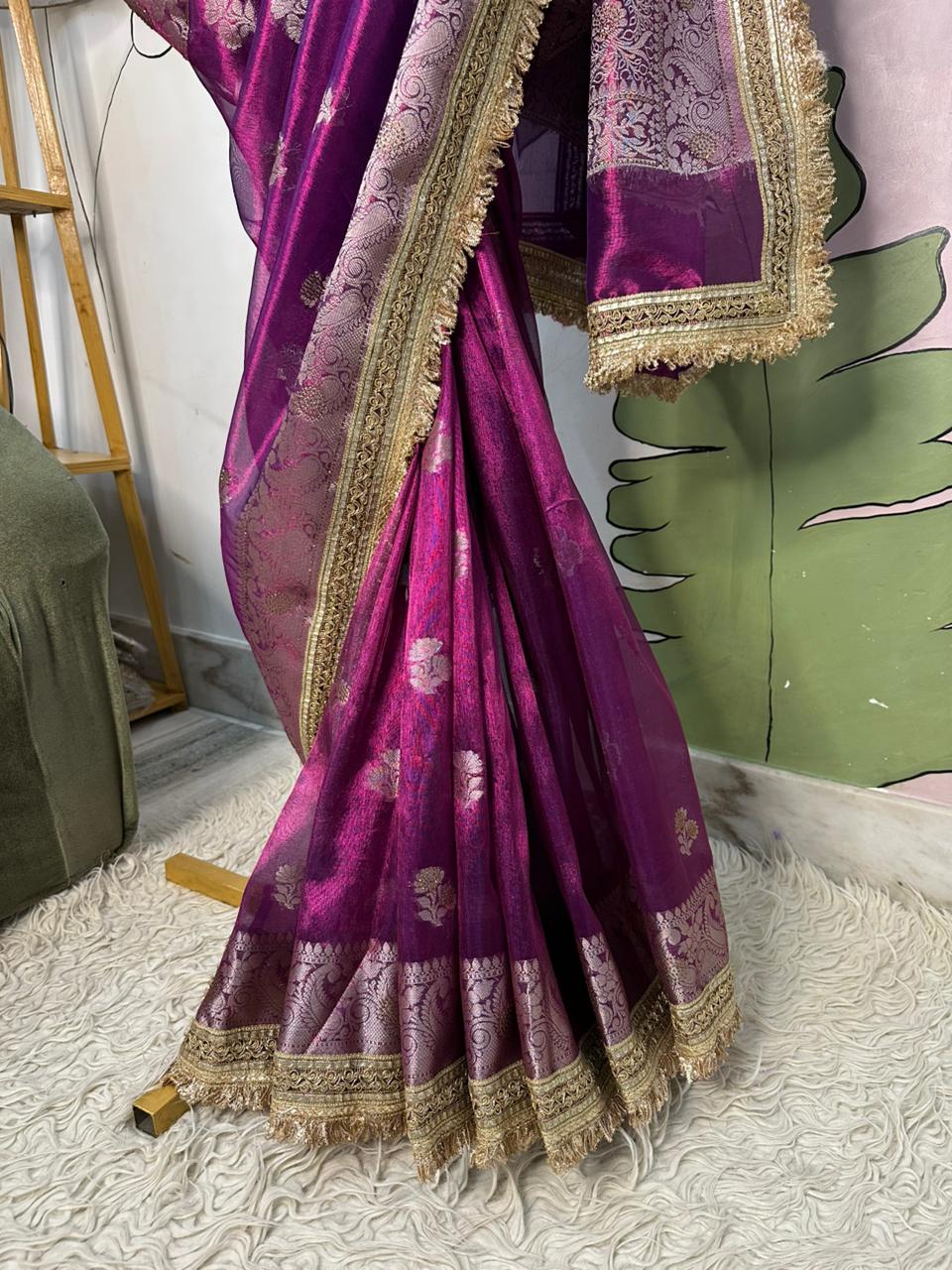 Purple Bridal Tissue Saree with Designer Pearl and Mirror Lace Work Jhalar Lace on Pallu