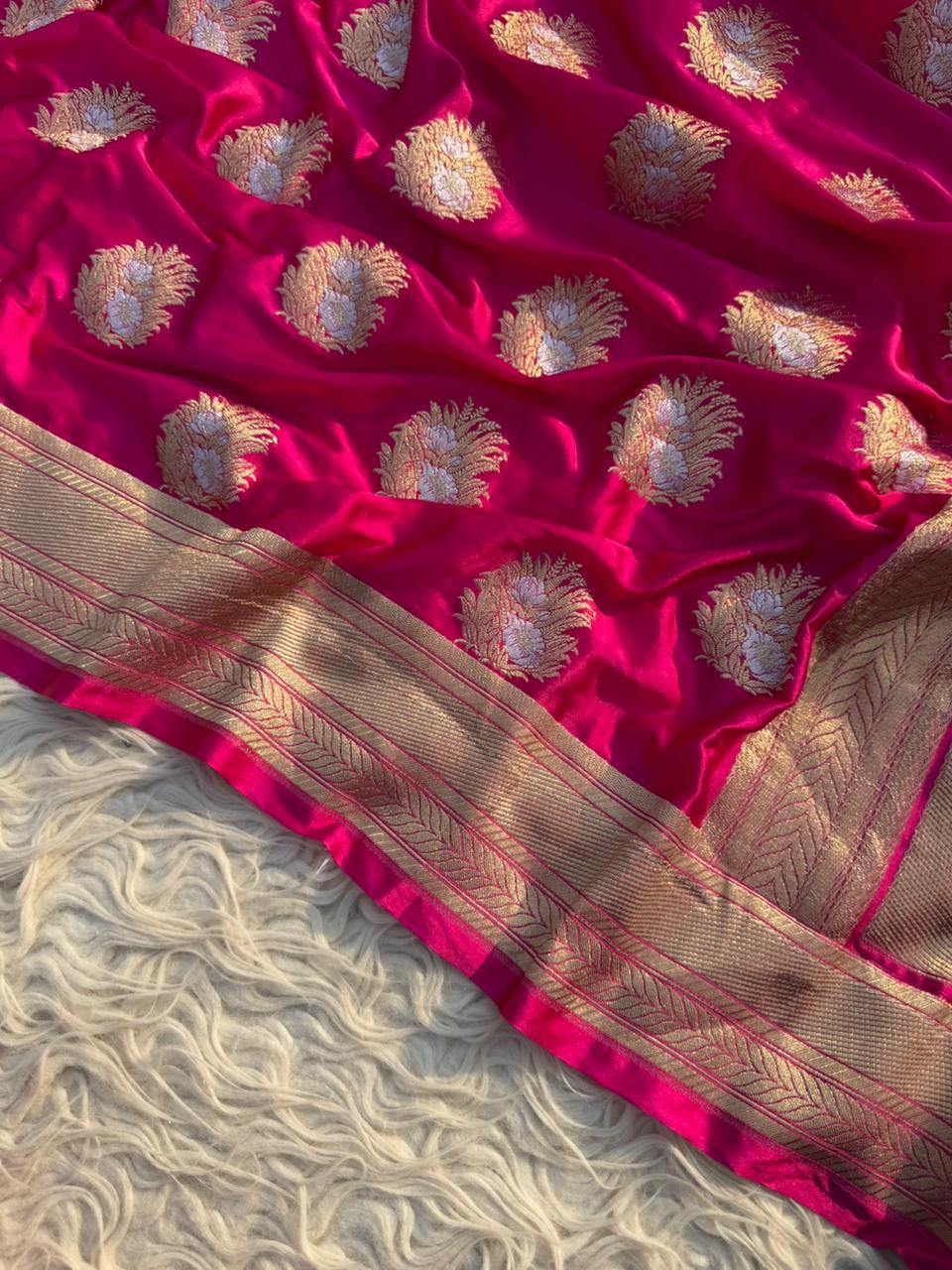 Magenta Banarasi Mashru Silk Saree All Over Alfi Meena Buta