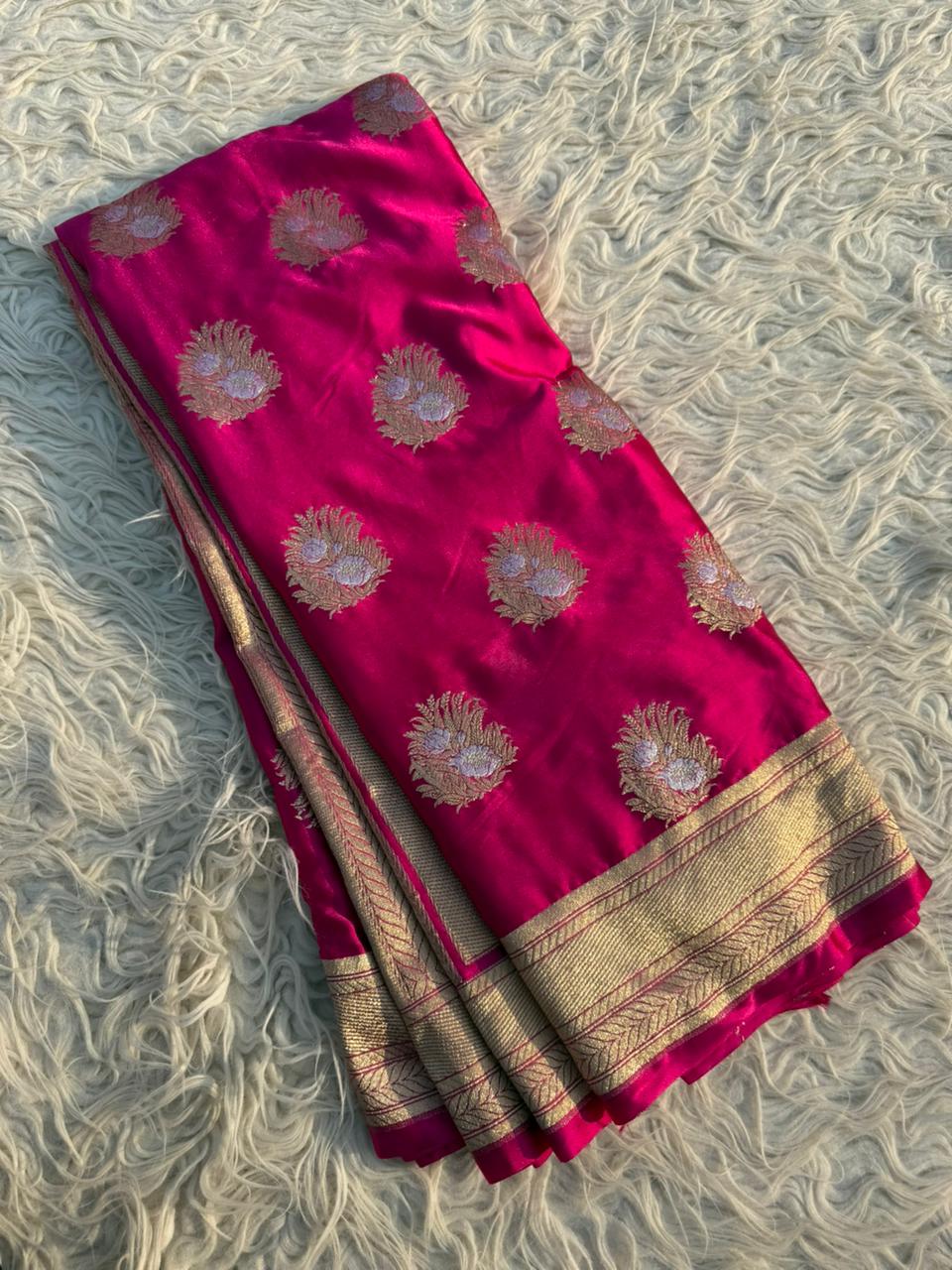 Magenta Banarasi Mashru Silk Saree All Over Alfi Meena Buta
