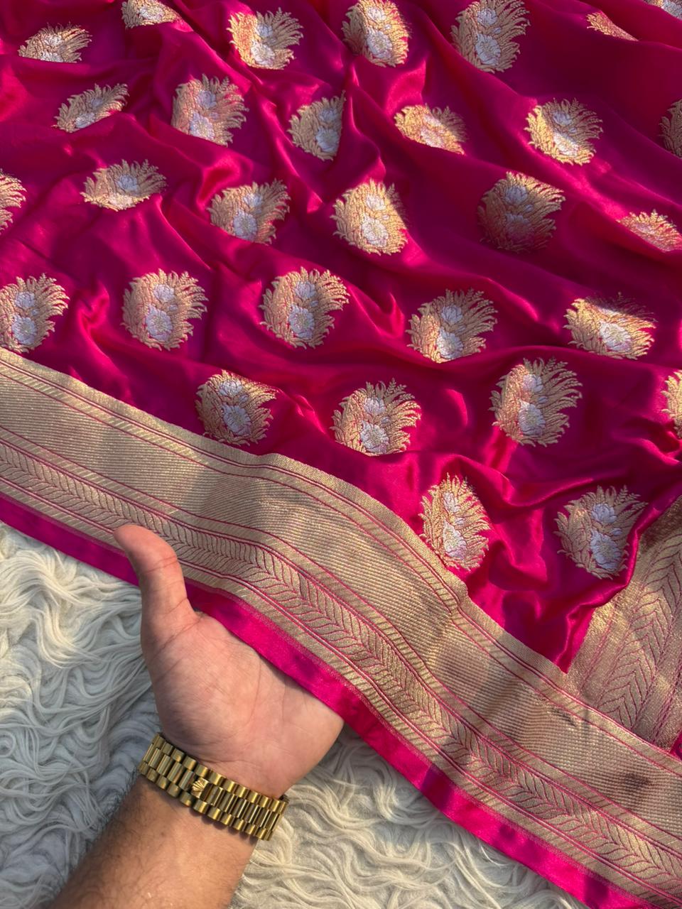 Magenta Banarasi Mashru Silk Saree All Over Alfi Meena Buta