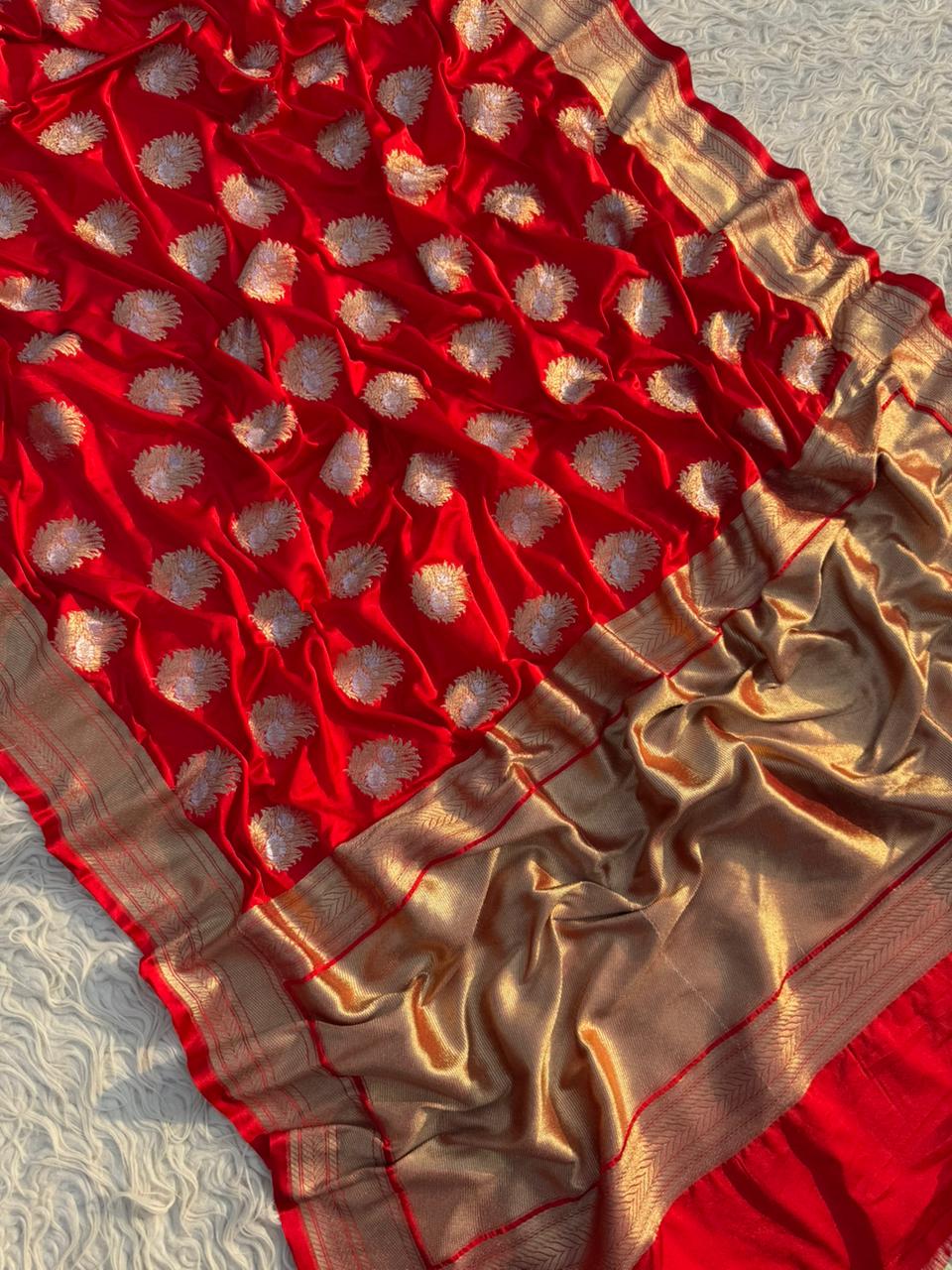 Red Banarasi Mashru Silk Saree All Over Alfi Meena Buta 