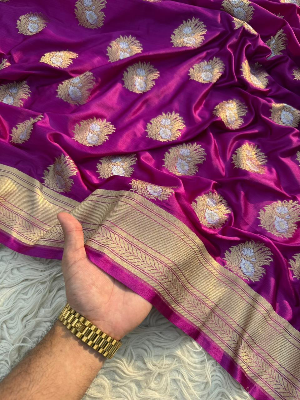 Purple Banarasi Mashru Silk Saree All Over Alfi Meena Buta
