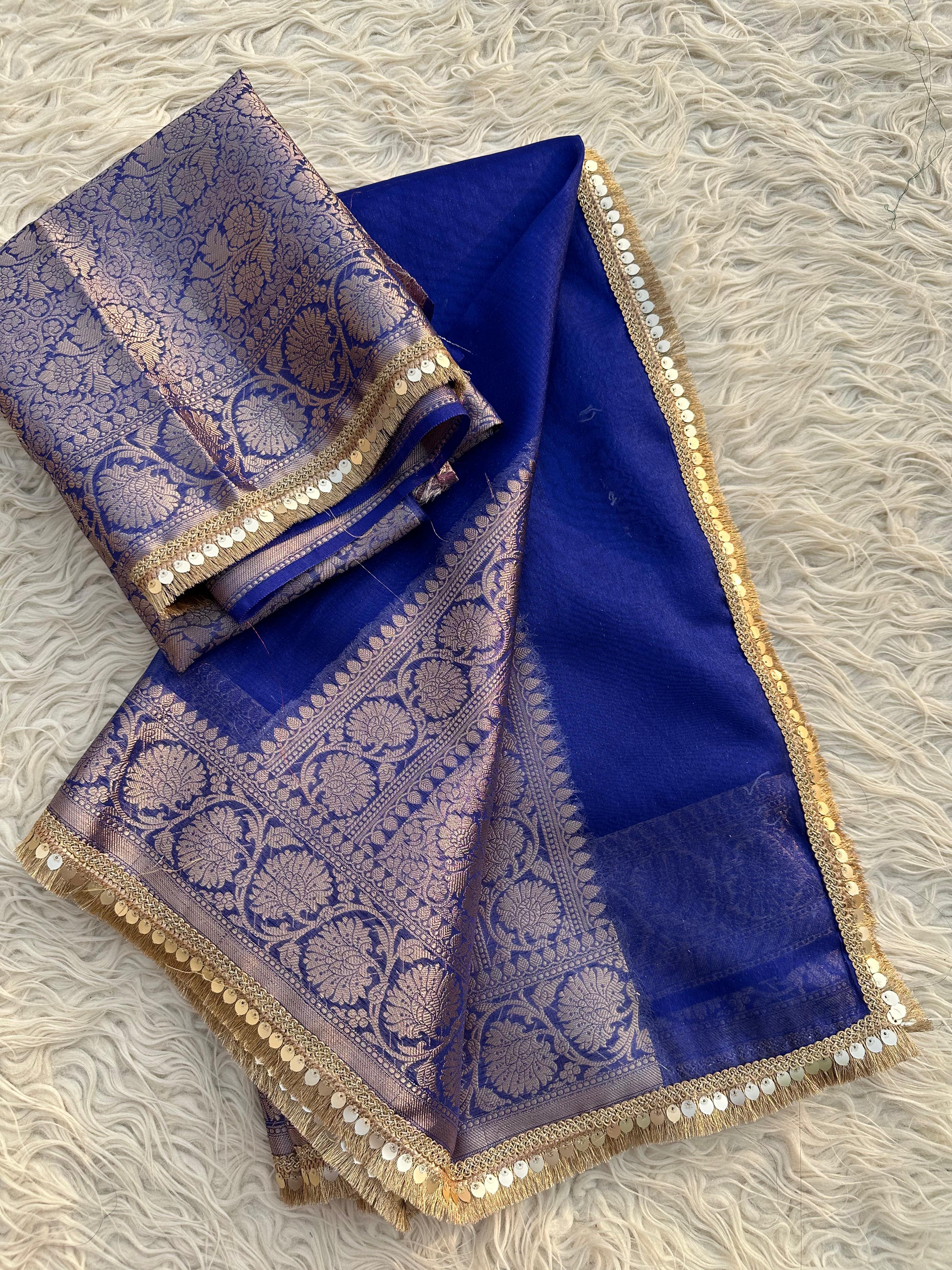 Royal Blue Banarasi Tissue Saree with Banarasi Border Along with Premium Lace