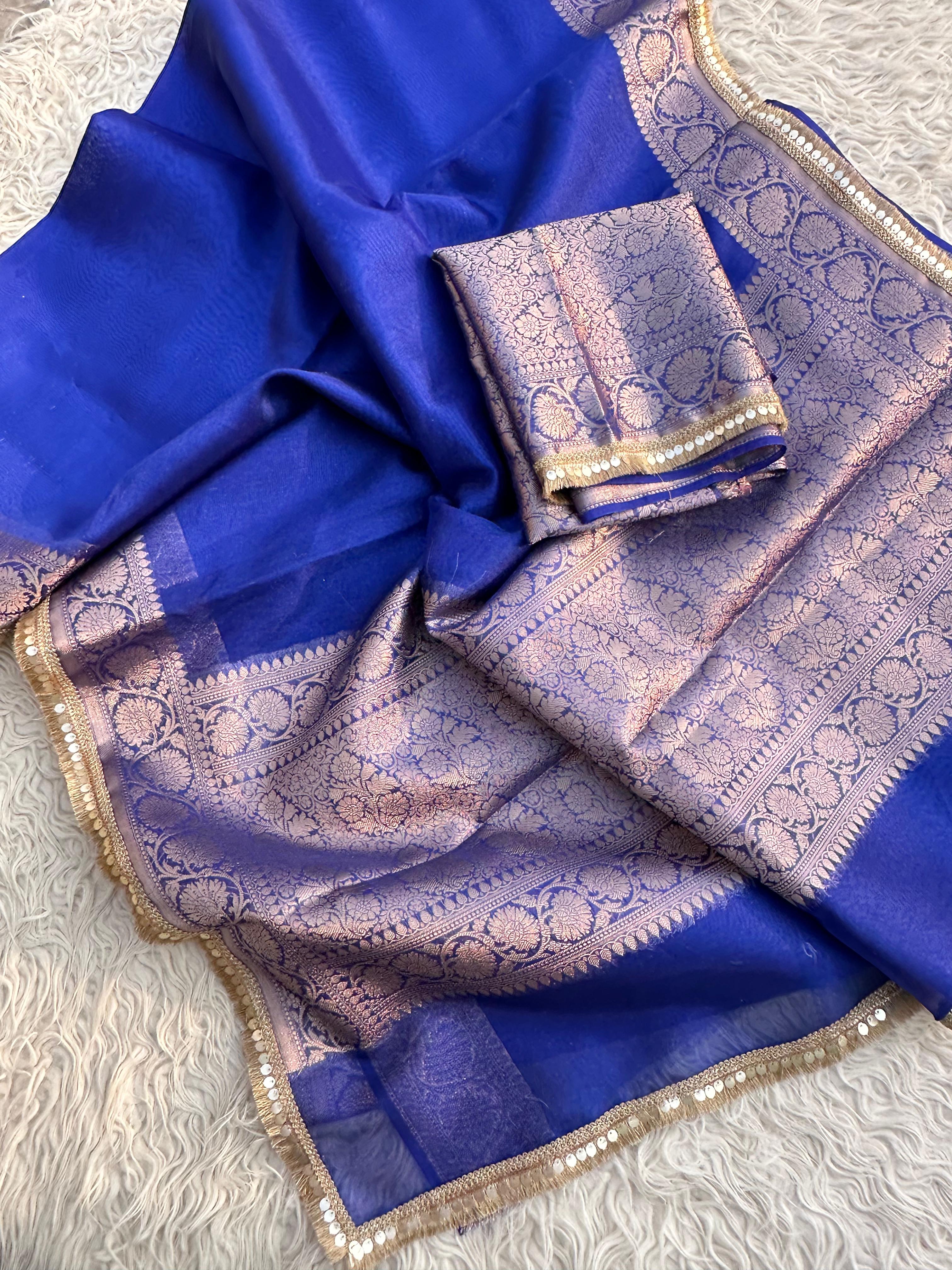 Royal Blue Banarasi Tissue Saree with Banarasi Border Along with Premium Lace
