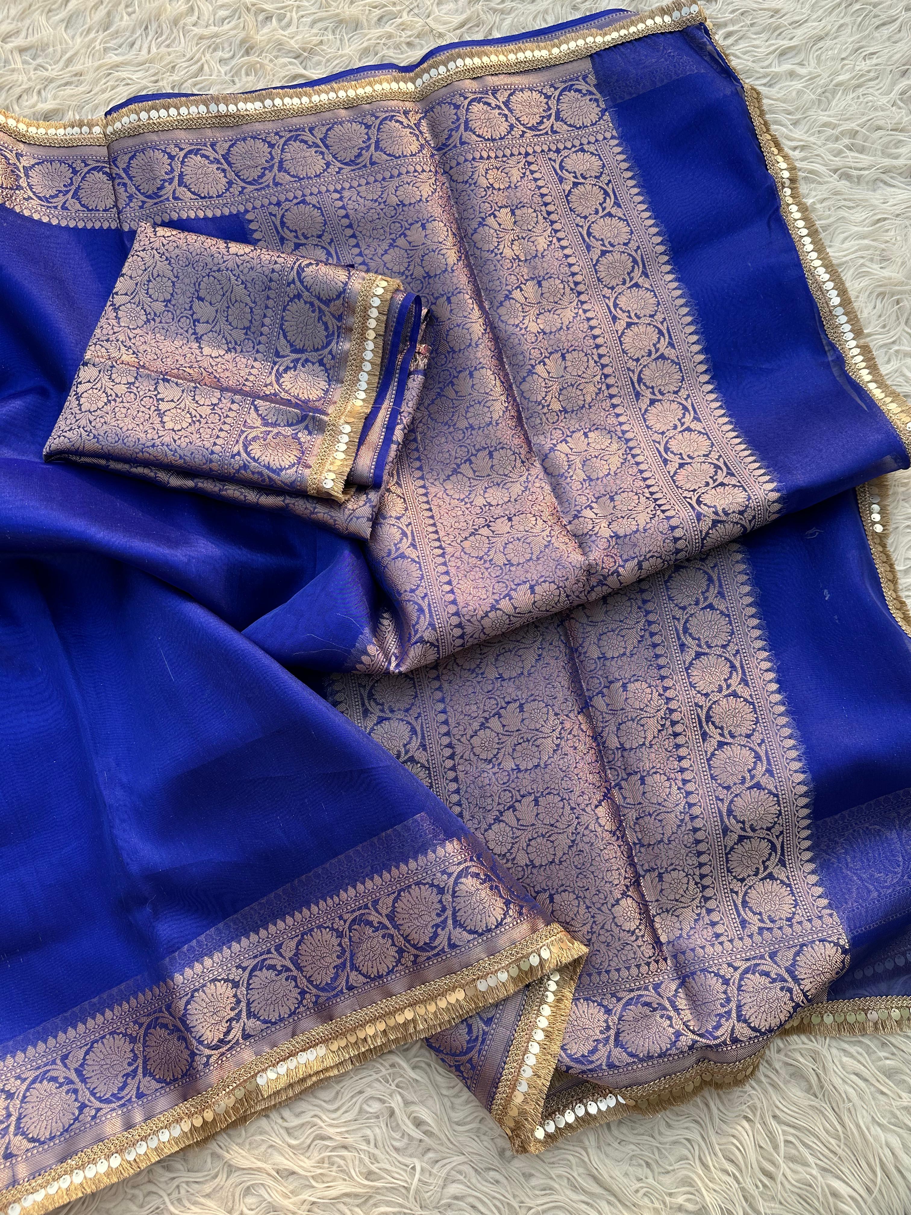 Royal Blue Banarasi Tissue Saree with Banarasi Border Along with Premium Lace
