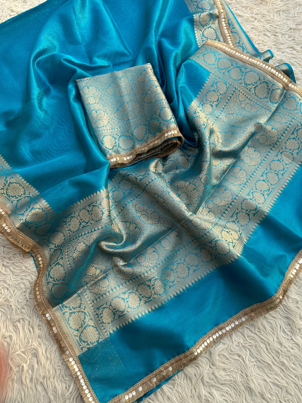Firozi Banarasi Tissue Saree with Banarasi Border Along with Premium Lace