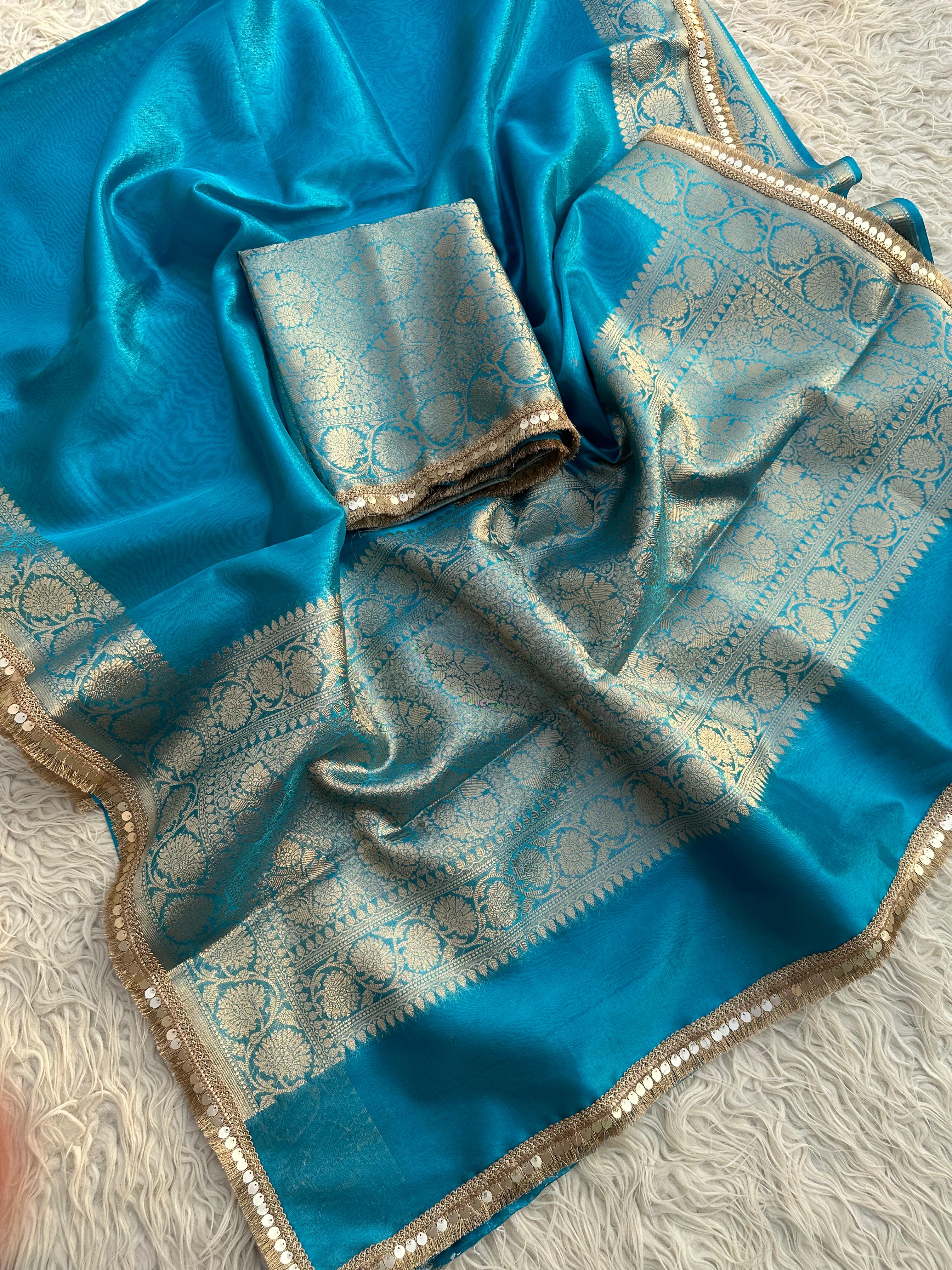 Firozi Banarasi Tissue Saree with Banarasi Border Along with Premium Lace